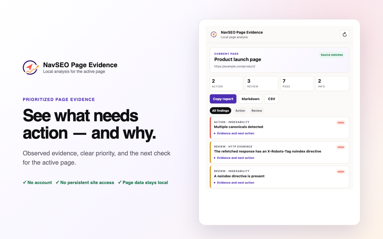 NavSEO Page Evidence showing prioritized page findings